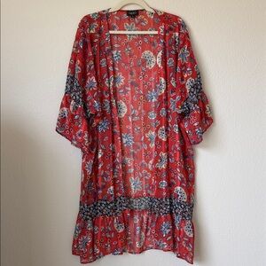 Gigio Floral Kimono Cover Up Red Boho Open Front Tunic Size S Lightweight